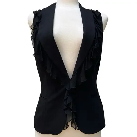 Y2K Cache Vest NWT Sz 6 Black Silk Ruffle V Neck Whimsigoth Dark Romantic 90s - Picture 3 of 11